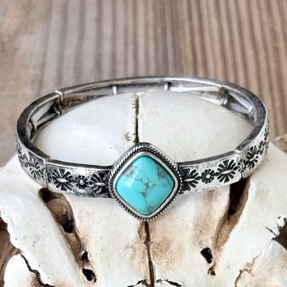 Western Square Turquoise Stone Stretch Bracelet | Engraved Silver Cuff