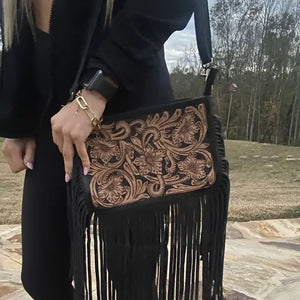 Fringed Tooled Leather Crossbody Purse | Black Western Bag