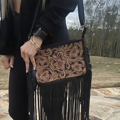 Fringed Tooled Leather Crossbody Purse | Black Western Bag