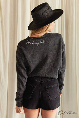 Jesus Has My Back Sweatshirt | Christian Faith Graphic Pullover for Women | Mineral Wash Fleece