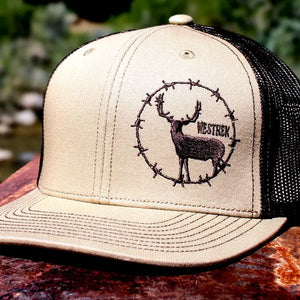Barbed Wire Buck Trucker Hat | Tan & Brown Embroidered Deer Snapback Cap