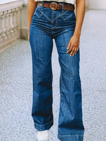 Stitched Waist Retro Western Jeans | Women's High-Waist Wide Leg Denim