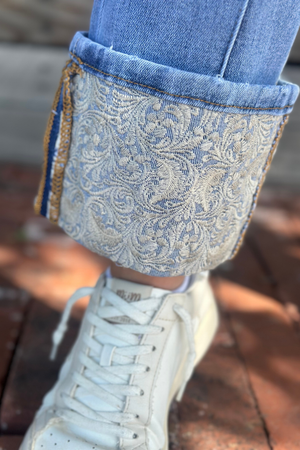 Kreek Embroidered Cuffed Jeans | High Waisted Medium Wash Denim with Floral Embroidery Detail