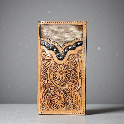 Men's Tooled Leather & Cowhide Western Wallet | Handcrafted Bifold
