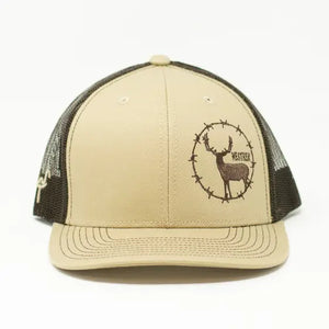 Barbed Wire Buck Trucker Hat | Tan & Brown Embroidered Deer Snapback Cap