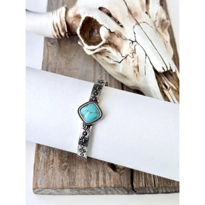 Western Square Turquoise Stone Stretch Bracelet | Engraved Silver Cuff