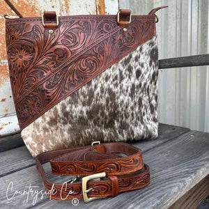 Ranch House Tooled Leather Cowhide Tote Bag