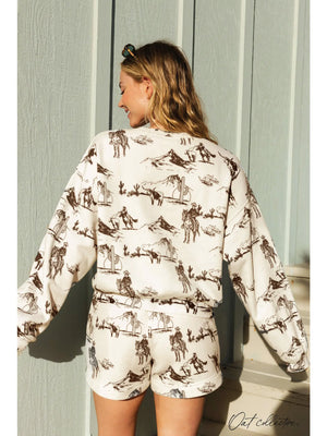 Western Print Sweatshirt & Shorts Set | Fleece Lounge Set for Women