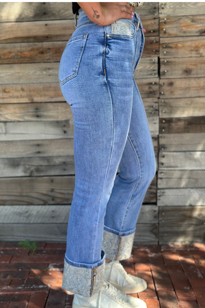 Kreek Embroidered Cuffed Jeans | High Waist Floral Medium Wash Denim