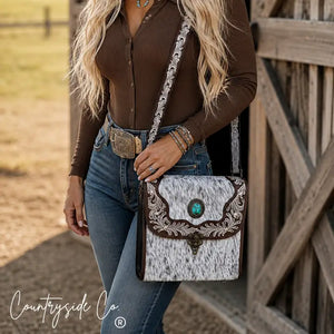Driftwood Cowhide Crossbody Purse | Tooled Leather Western Bag