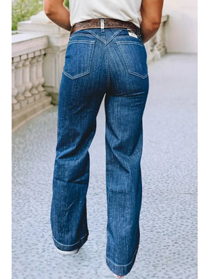 Stitched Waist Retro Western Jeans | Women's High-Waist Wide Leg Denim