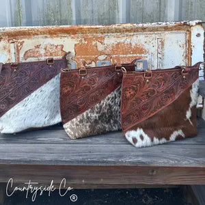 Ranch House Tooled Leather Cowhide Tote Bag