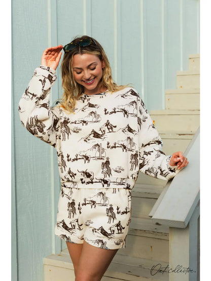 Western Style Crewneck Sweatshirt/Short Matching Set