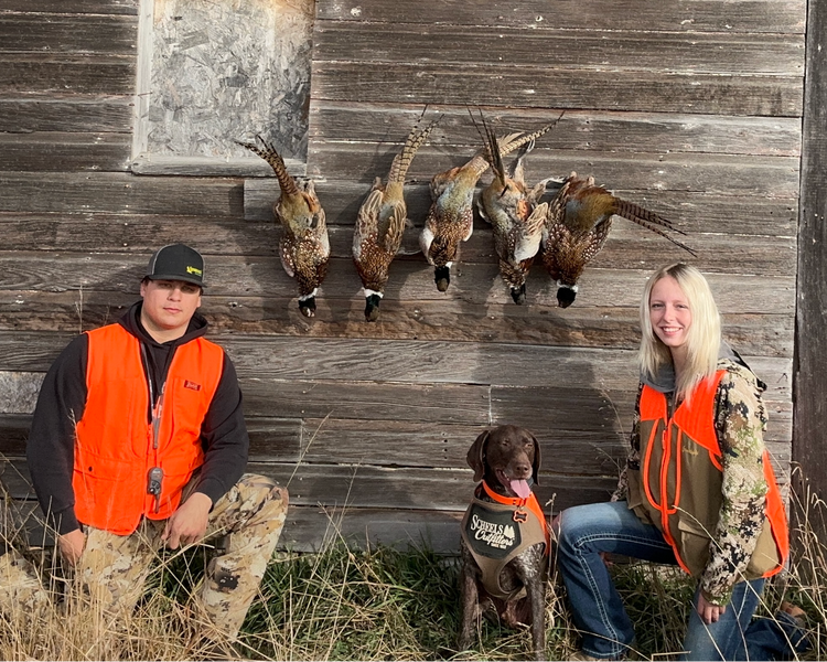 A man and a woman wearing bright orange hunting vests sit on the ground in front of a weathered wooden barn wall, with five harvested pheasant ducks mounted on the wall above them. A small dog stands between them.