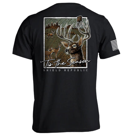 'Tis the Season Deer Hunting T-Shirt | Men's Black Tee with Whitetail Buck & Blind Design