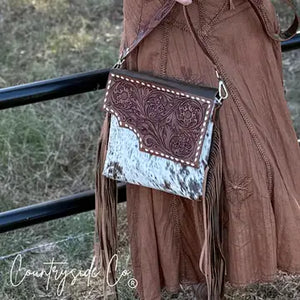 Georgia Cowhide Tooled Leather Fringe Crossbody Purse