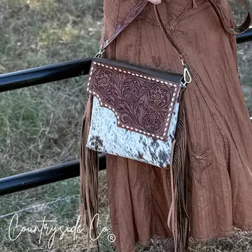 Georgia Cowhide Tooled Leather Fringe Crossbody Purse
