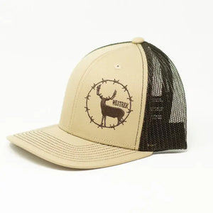 Barbed Wire Buck Trucker Hat | Tan & Brown Embroidered Deer Snapback Cap