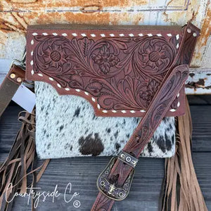 Georgia Cowhide Tooled Leather Fringe Crossbody Purse