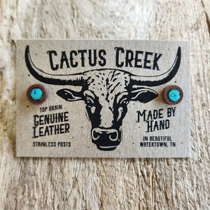 Turquoise and Genuine Leather Button Earrings