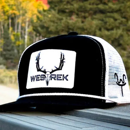 Lightning Wes Trucker Hat | Black & White Western Deer Antler Logo Cap