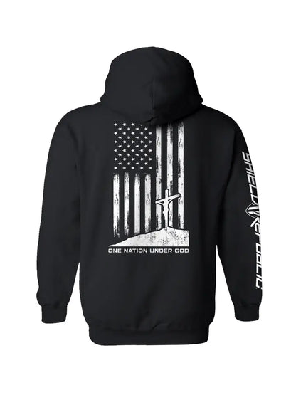 ONE NATION UNDER GOD Hoodie | Men's Black Sweatshirt with American Flag & Cross Design