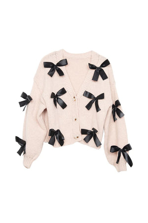 Tan Bow Cardigan for Women | Cropped Black Bow Sweater | Button Front