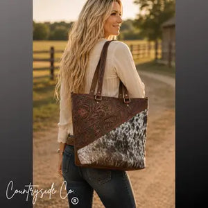 Ranch House Tooled Leather Cowhide Tote Bag