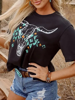 Women's Vintage Longhorn Skull Graphic Tee | Aztec Cropped Shirt
