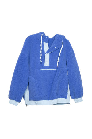 Women's Blue Fuzzy Sherpa Jacket | Zipper Pockets | Soft Fleece Hood