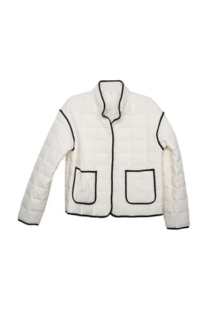 Women's White Quilted Jacket | Black Contrast Trim | Snap Front Coat